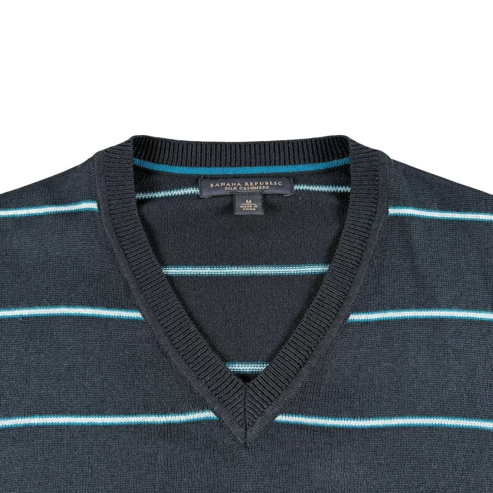 Banana Republic Sweater Mens M Black Blue‎ Striped V-Neck Silk Cashmere Knit